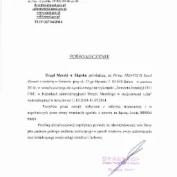 Skan dokumentu: Poświadczenie Urzędu Morskiego w Słupsku dla firmy EKO-TECH Karol Slomski za remont instalacji CO i CWU, z datą 21 lipca 2014 r.