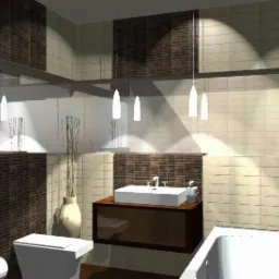 Wizualizacja łazienki z beżowymi i brązowymi płytkami, podwieszaną umywalką z szafką w kolorze ciemnego drewna, białą wanną, toaletą i trzema wiszącymi lampami o kształcie walca.