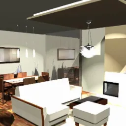 Wizualizacja salonu z jadalnią, prezentująca minimalistyczny design z białymi meblami, drewnianymi akcentami i nowoczesnym kominkiem. Charakterystyczny element to designerska lampa wisząca...