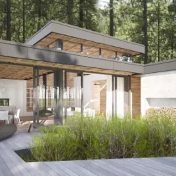 Nowoczesny dom z płaskim dachem otoczony lasem, z drewnianym tarasem i minimalistycznym wystrojem wnętrz widocznym przez szklane ściany.