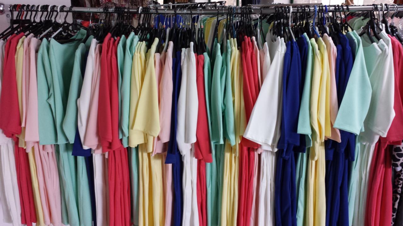 Rząd pastelowych i jaskrawych bluzek damskich z długim rękawem, wiszących na czarnych wieszakach na metalowym drążku w sklepie odzieżowym.