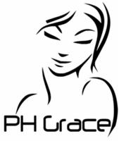 Stylizowany rysunek kobiety z zamkniętymi oczami i napisem 'PH Grace' poniżej, czarne linie na białym tle.