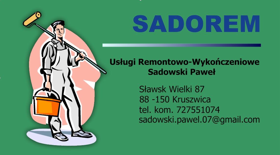 Grafika: Malarz z wałkiem i wiadrem farby, logo firmy remontowej SADOREM, dane kontaktowe, usługi remontowo-wykończeniowe. Stylizowany rysunek na zielonym tle.