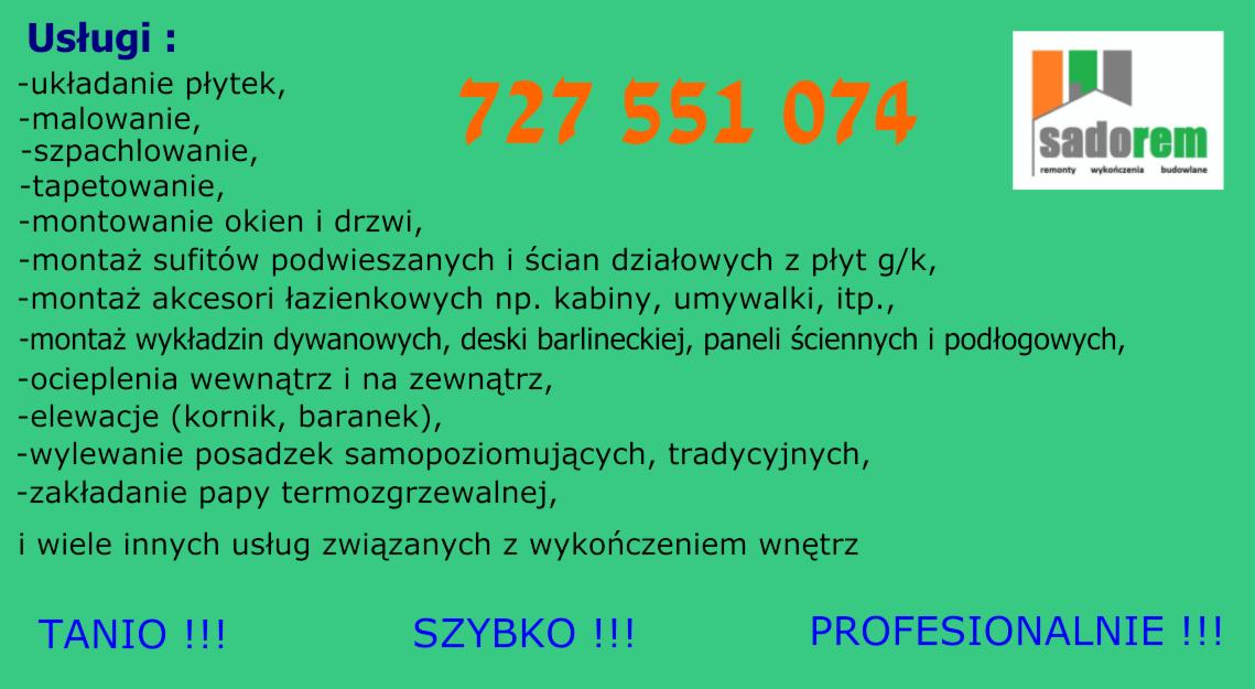 Oferta usług remontowo-budowlanych: układanie płytek, malowanie, szpachlowanie, montaż okien, elewacje, wylewki. Kontakt telefoniczny i logo firmy widoczne.