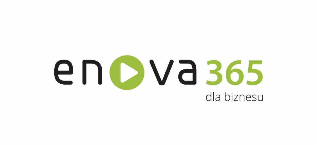 Logo Enova365 dla biznesu: czarny napis 'enova' z zielonym okręgiem z białym trójkątem, '365' zielone, pod spodem 'dla biznesu' czarne na białym tle.