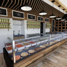 Wnętrze lokalu gastronomicznego z ladą chłodniczą pełną dań gotowych, drewnianym wystrojem i tablicami kredowymi. Widoczne półki z oliwą i szafki z produktami.