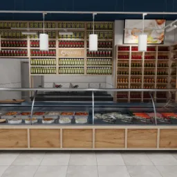 Wnętrze sklepu spożywczego z regałami pełnymi produktów i chłodnią z rybami i sałatkami. Widoczne oświetlenie i drewniane wykończenie. Projekt sklepu Gadus.