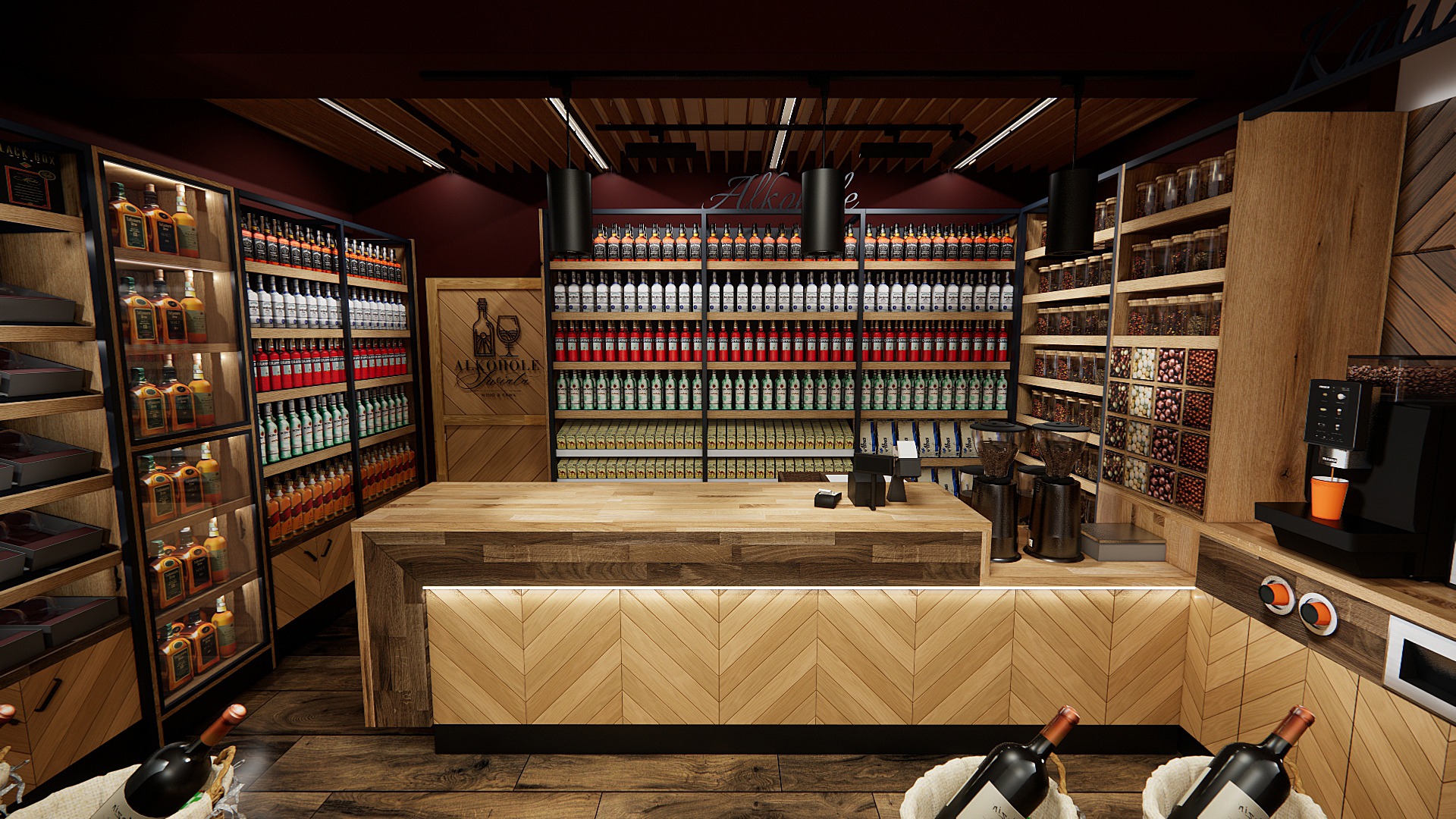Wizualizacja baru z drewnianym wykończeniem, półkami pełnymi butelek i ekspresami do kawy. Uwagę przykuwa dekoracyjne ułożenie drewna w jodełkę na ladzie barowej.