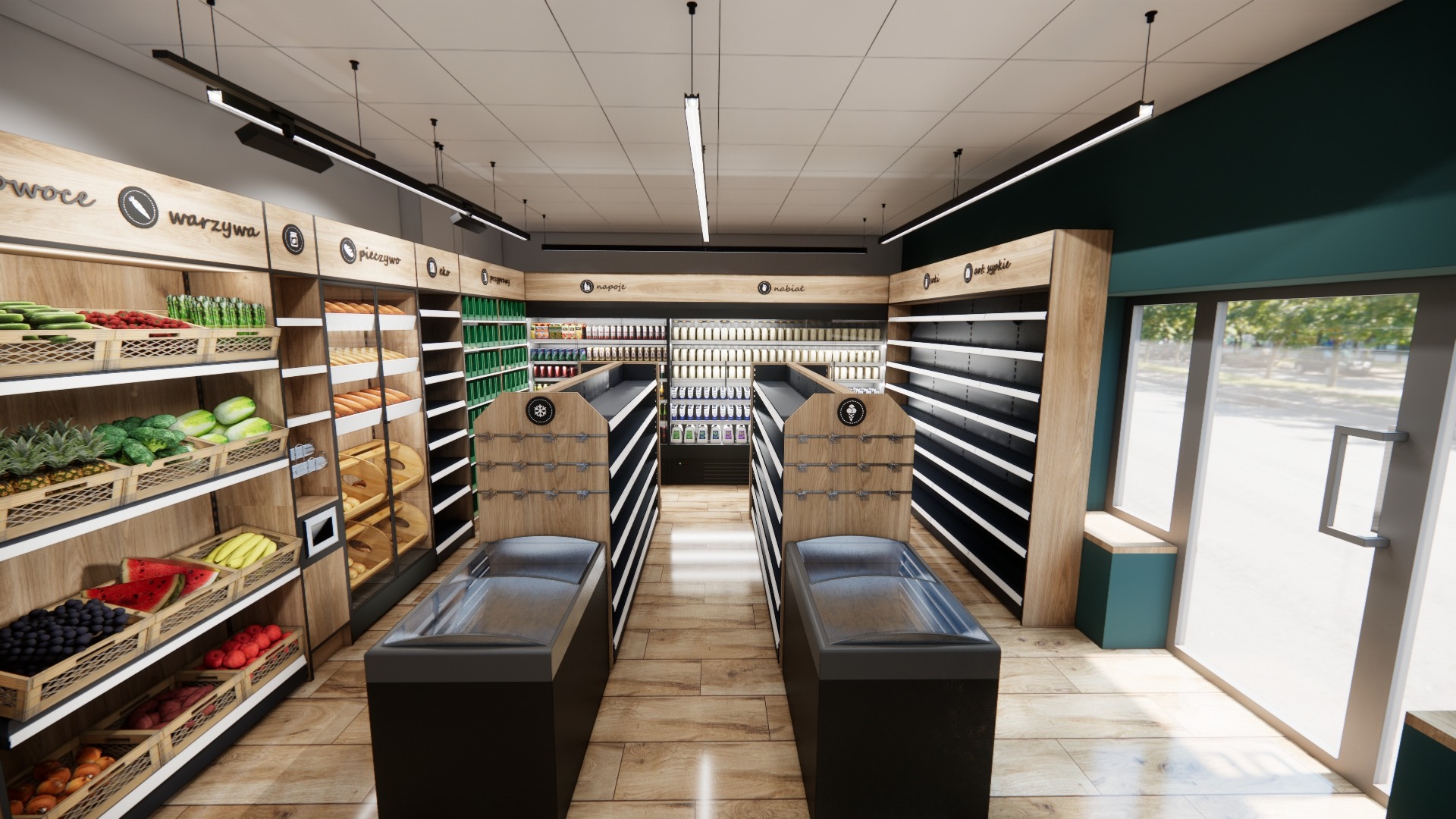 Wizualizacja wnętrza sklepu spożywczego w Gdyni. Regały z owocami i warzywami, drewniane wykończenie, nowoczesne oświetlenie, chłodnie na napoje i nabiał.