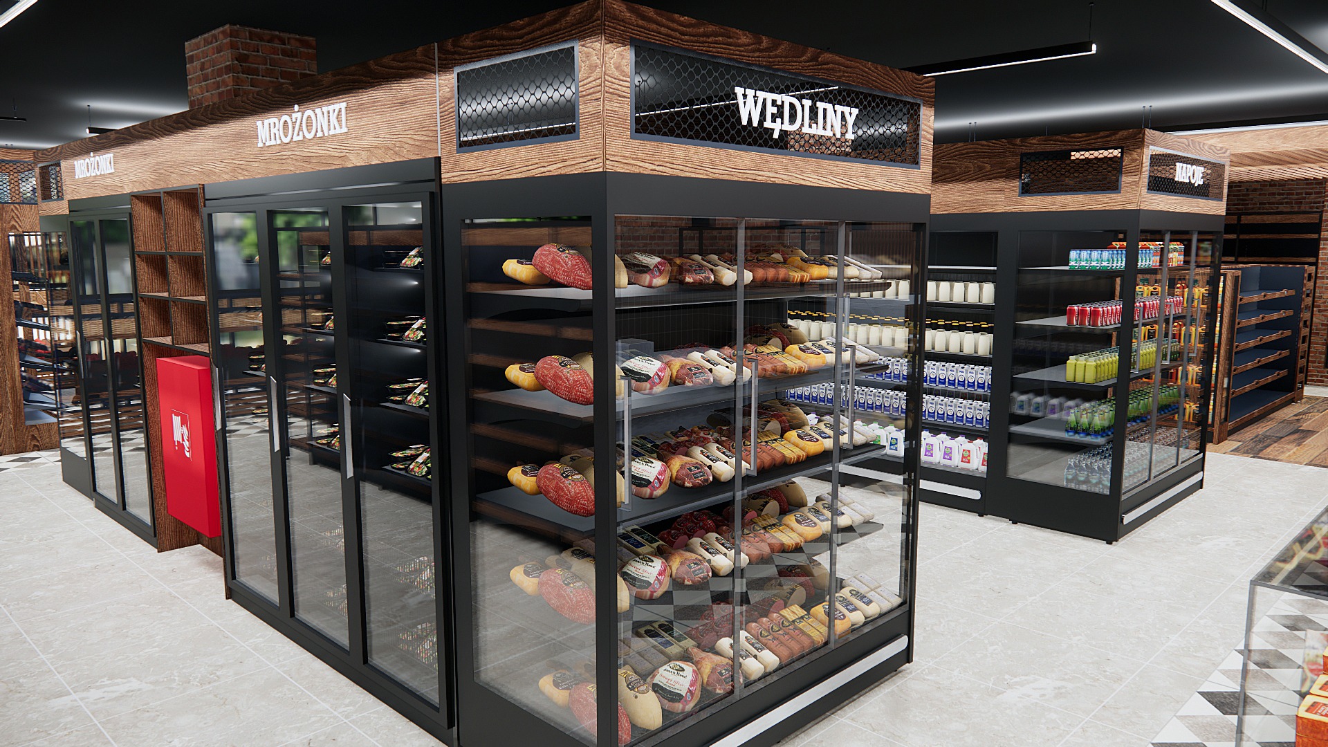 Wizualizacja wnętrza sklepu spożywczego z regałami na wędliny, nabiał i napoje. Nowoczesny design z drewnianymi elementami i czarnymi ramami. Jasna podłoga i oświetlenie.