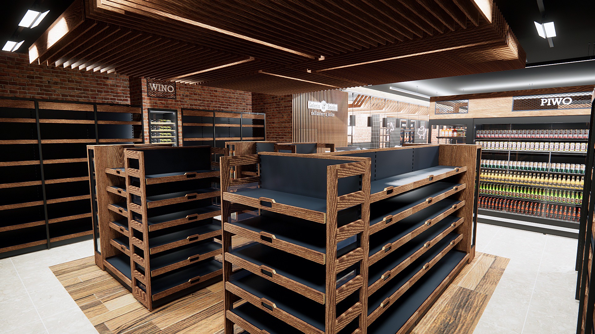 Wizualizacja wnętrza sklepu z drewnianymi regałami na wino i piwo, ceglana ściana, nowoczesne oświetlenie. Projekt aranżacji przestrzeni handlowej.