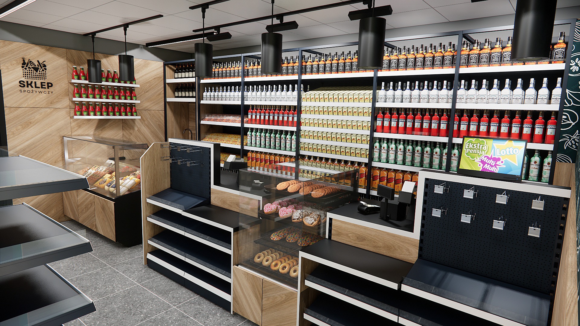 Wnętrze sklepu spożywczego z drewnianymi regałami wypełnionymi produktami, oświetlone lampami sufitowymi. Widoczne lady chłodnicze z pieczywem i słodyczami.