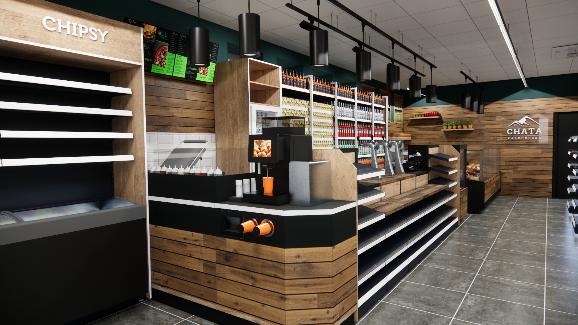 Wnętrze sklepu spożywczego z drewnianymi elementami, półkami z napojami i przekąskami, oraz punktem gastronomicznym z ekspozycją dań i napojów.