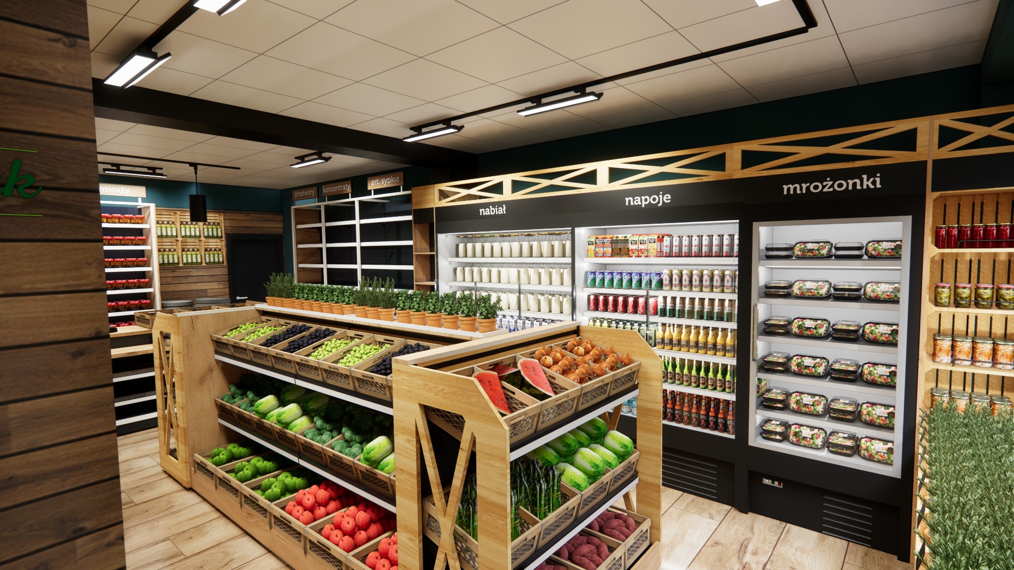 Wnętrze sklepu spożywczego z drewnianymi regałami pełnymi owoców i warzyw, chłodniami na napoje i nabiał, oraz półkami z przetworami. Realistyczna wizualizacja.
