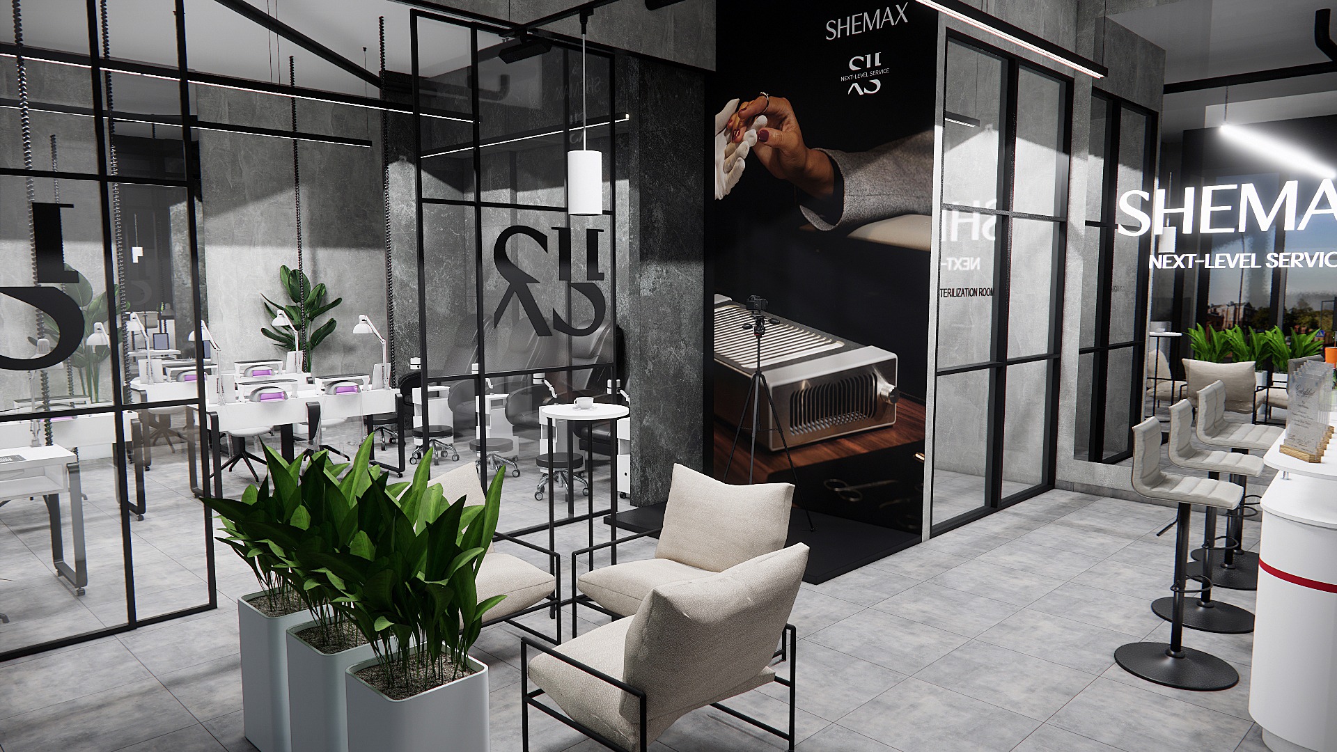 Nowoczesne wnętrze salonu kosmetycznego Shemax z przeszklonymi ścianami, roślinami w donicach i wygodnymi fotelami dla klientów. Widoczne stanowiska do manicure.