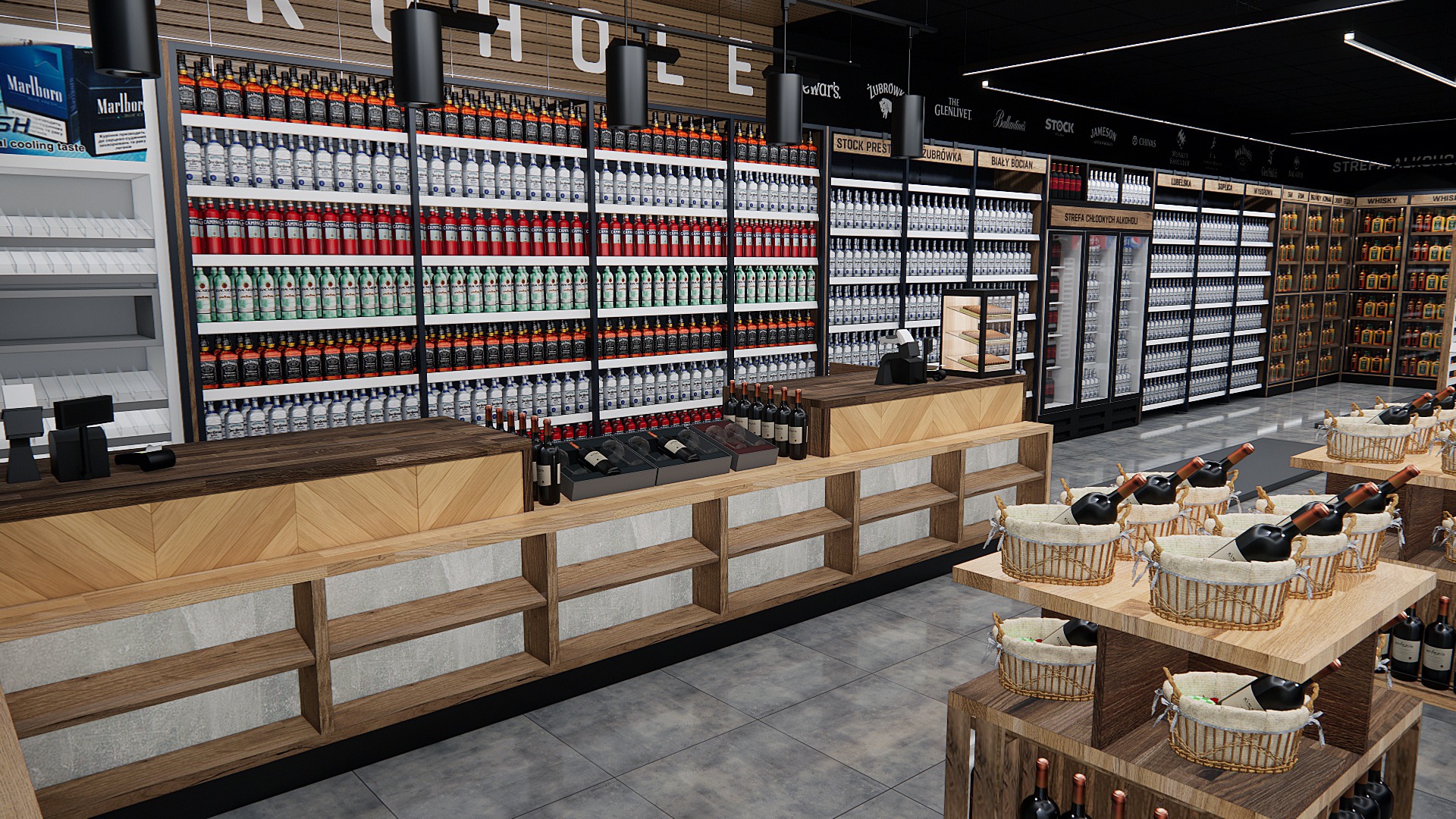 Wnętrze sklepu monopolowego z drewnianymi regałami i kasą. Szeroki wybór alkoholi na półkach, butelki w koszykach na ekspozycji. Oświetlenie sufitowe.