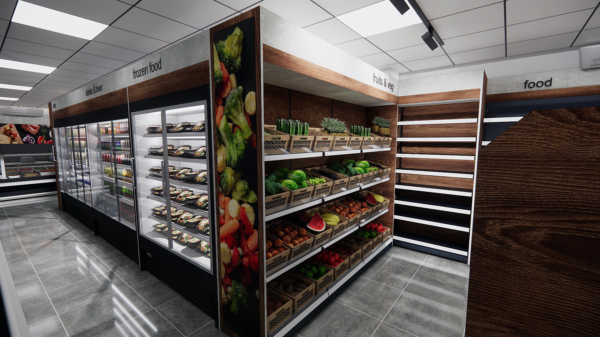 Wnętrze sklepu spożywczego: regały z owocami i warzywami w drewnianych koszykach, lodówki z gotowymi daniami, szara podłoga z płytek.