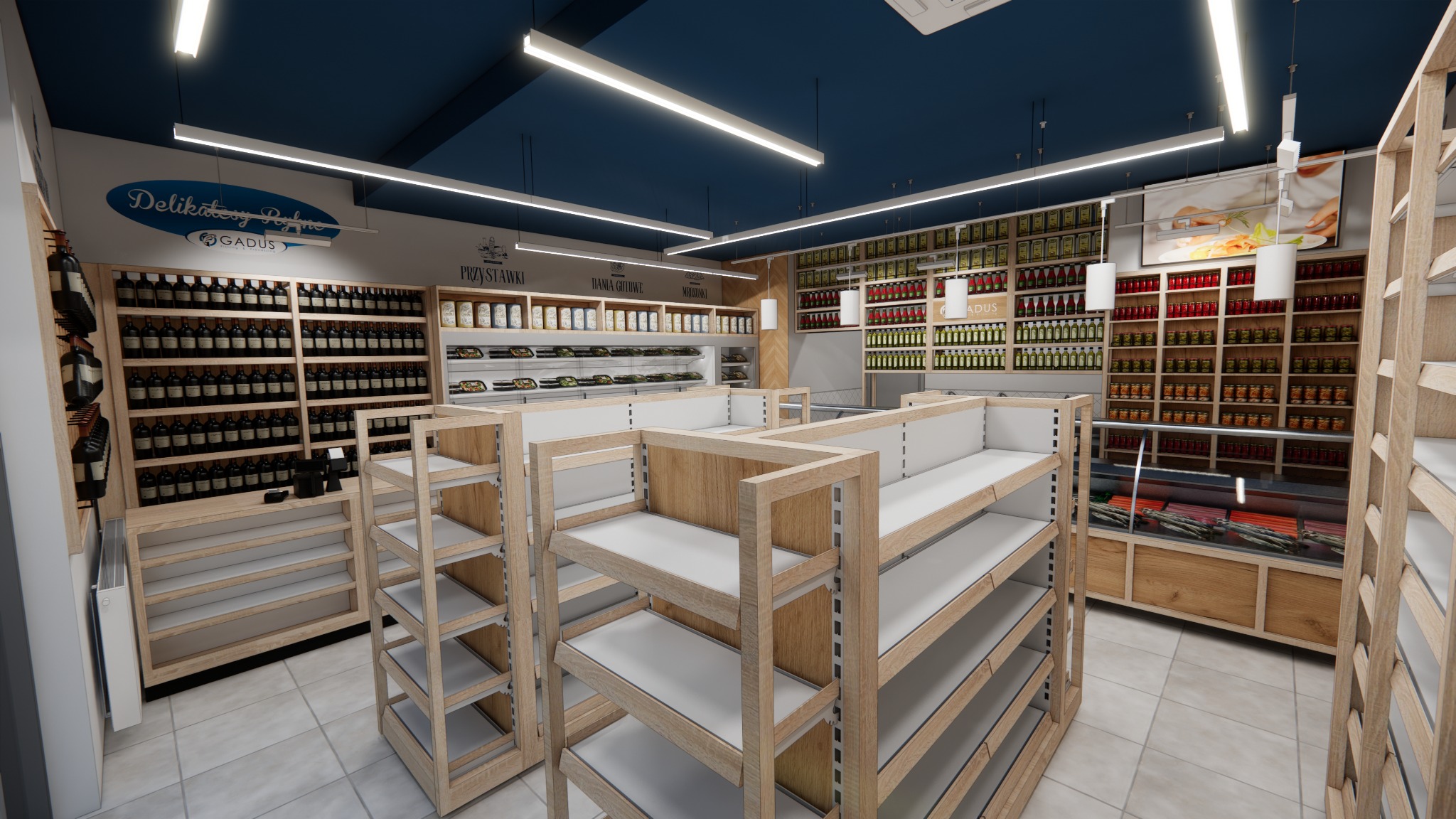 Wnętrze sklepu delikatesowego z drewnianymi regałami na produkty spożywcze, oświetlone lampami. Widoczne półki z winami, konserwami i innymi produktami. Projekt aranżacji wnętrza.