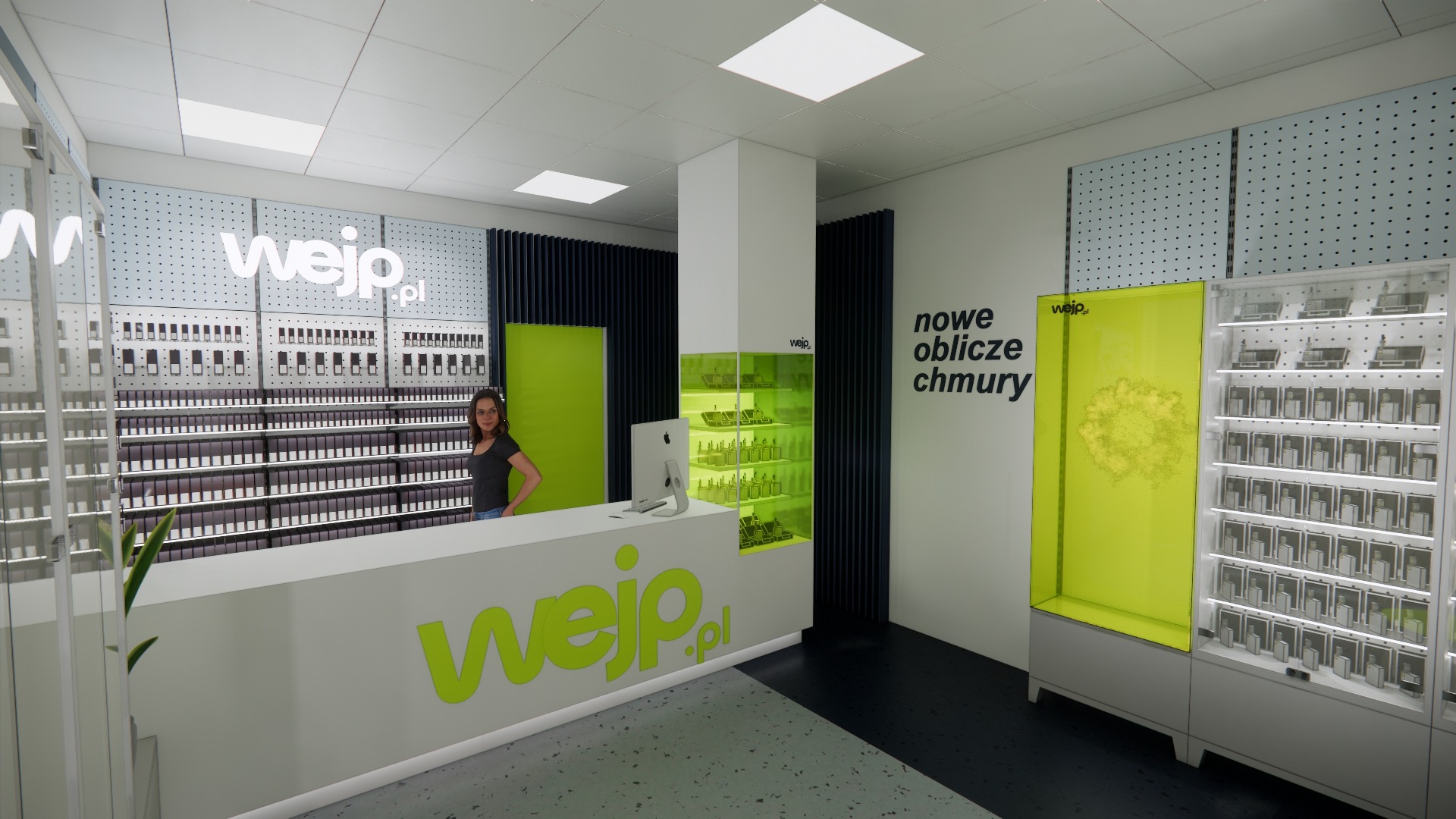 Nowoczesne wnętrze biura z ladą recepcyjną w kolorze białym i zielonym, regałami z produktami oraz kobietą stojącą za ladą. Oświetlenie sufitowe, minimalistyczny design.