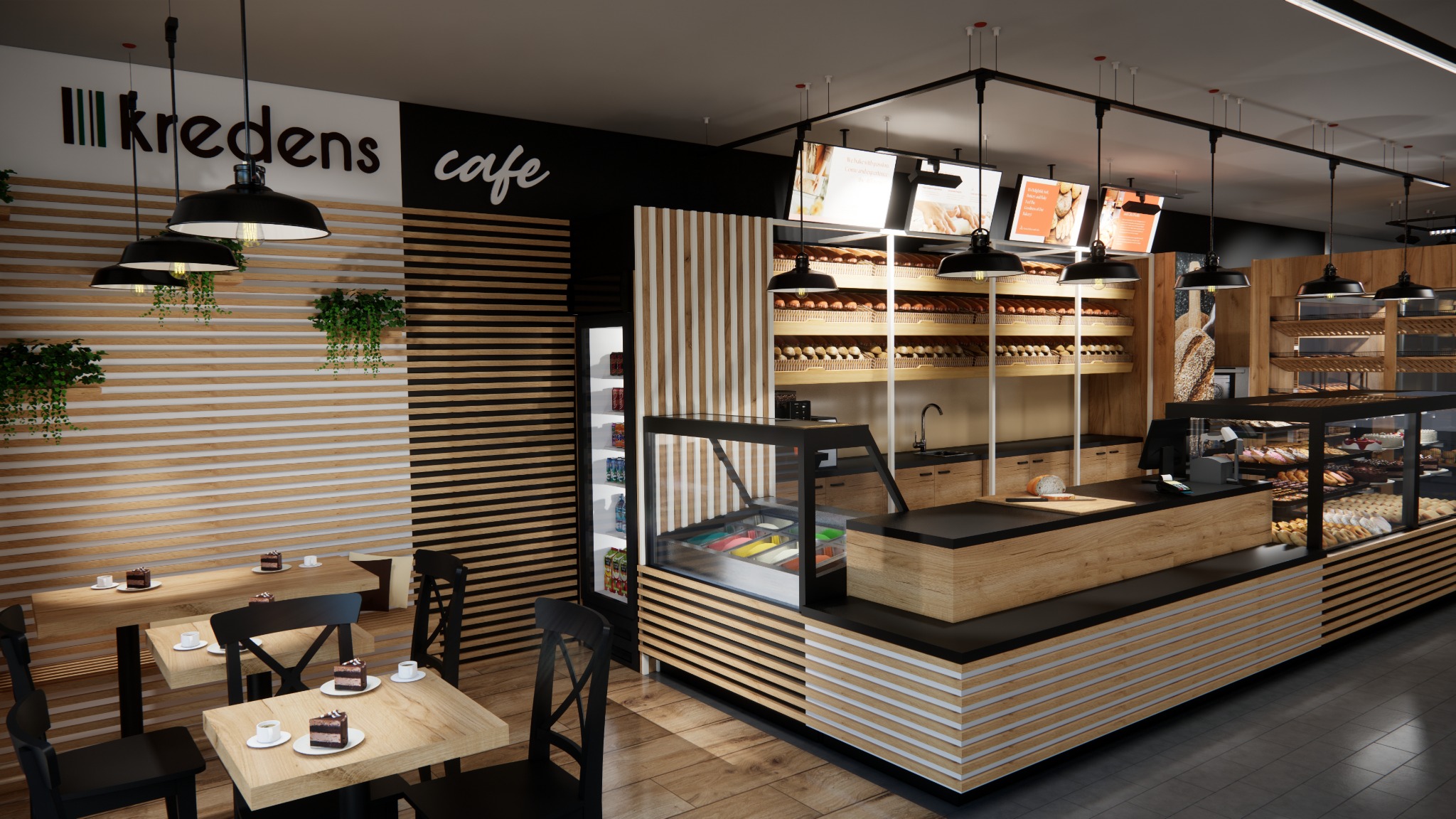 Wnętrze kawiarni z ladą pełną wypieków i stolikami z ciastkami, oświetlone wiszącymi lampami. Dekoracyjne drewniane panele na ścianach.