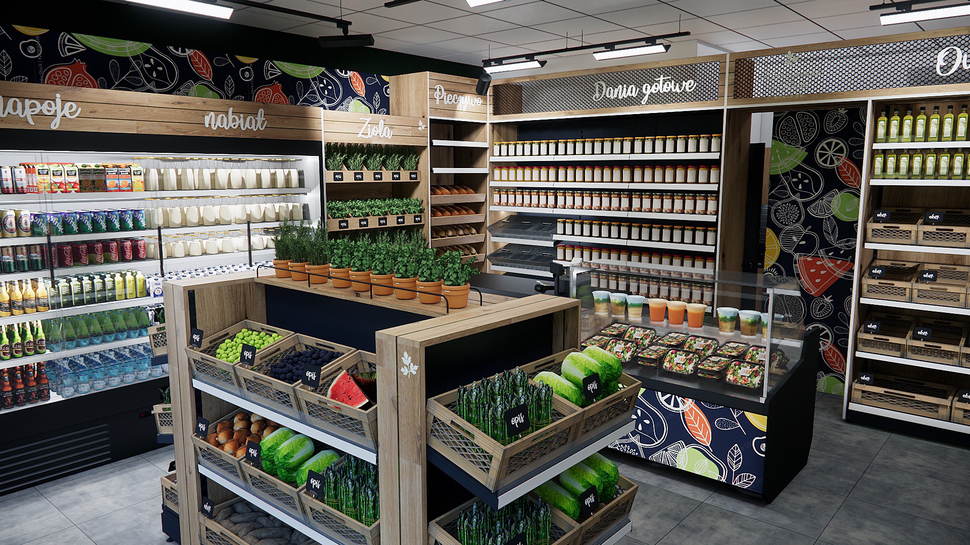 Wnętrze sklepu spożywczego z drewnianymi regałami wypełnionymi napojami, nabiałem, ziołami, pieczywem, gotowymi daniami i oliwami. Dekoracyjne motywy owocowe na ścianach.