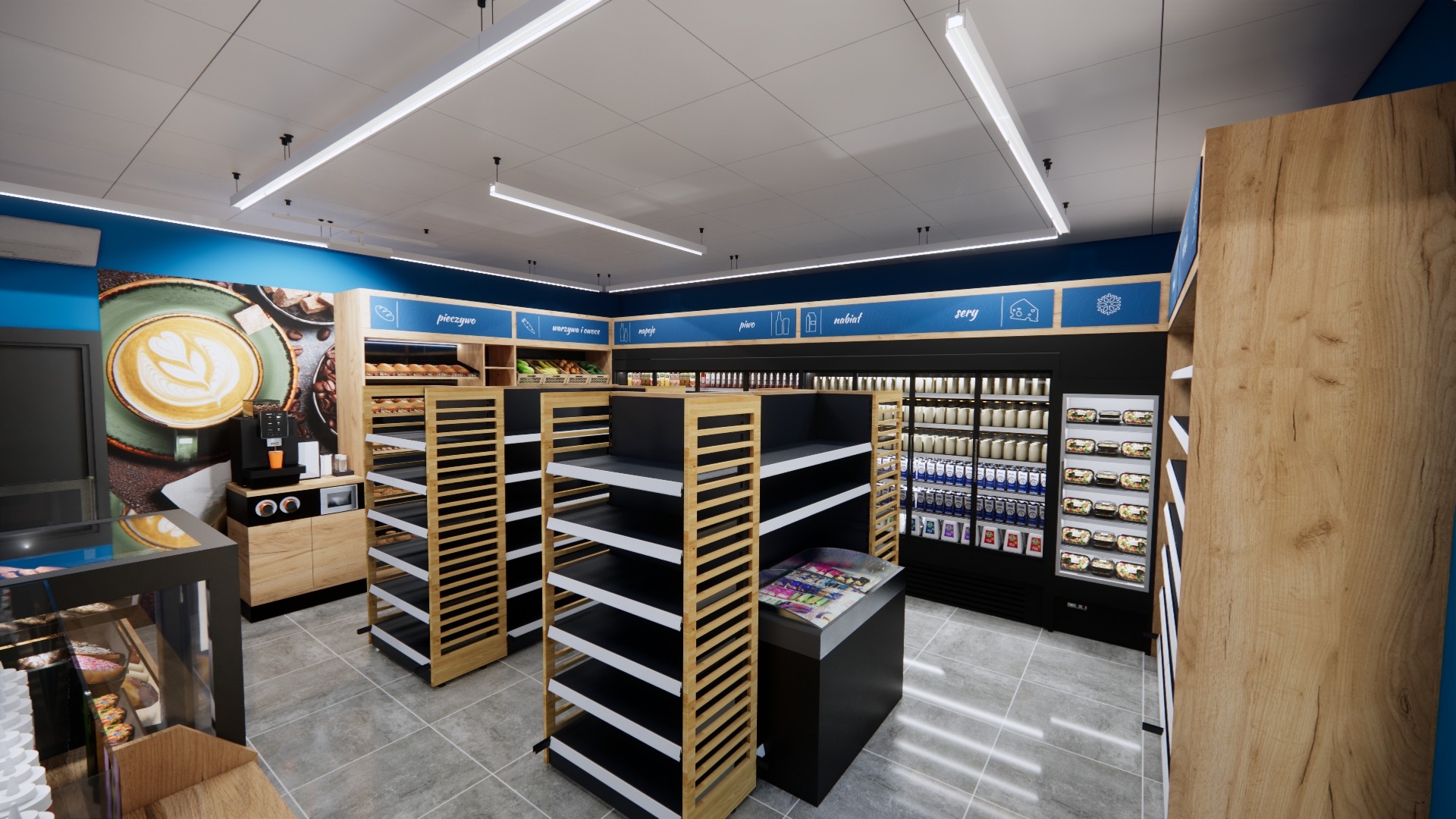Wnętrze sklepu spożywczego z regałami na pieczywo, warzywa i owoce. W tle chłodziarki z nabiałem i serami. Na ścianie grafika z motywem kawy. Oświetlenie ledowe.
