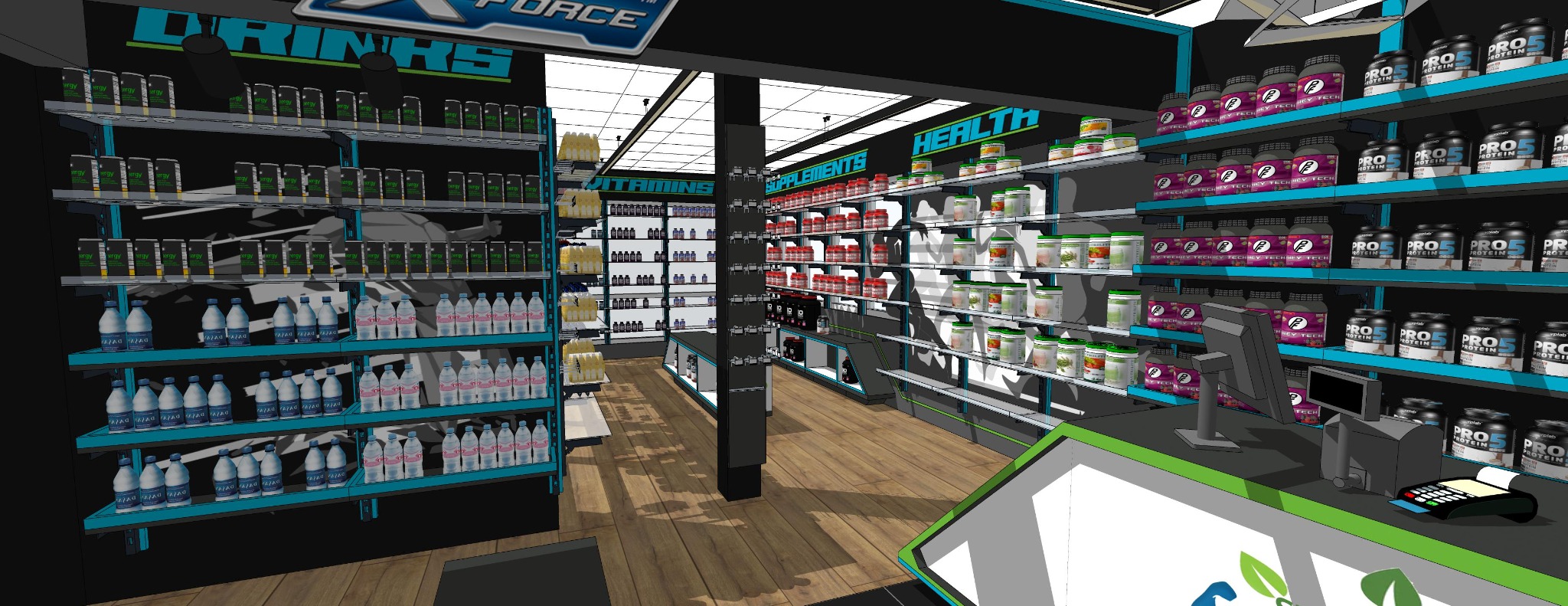 Wizualizacja 3D wnętrza sklepu z suplementami i odżywkami, regały pełne produktów, drewniana podłoga, nowoczesny design, widok z perspektywy klienta przy kasie.