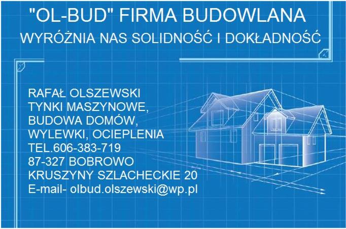 Wizytówka firmy budowlanej 'OL-BUD' z danymi kontaktowymi i usługami: tynki maszynowe, budowa domów, wylewki, ocieplenia. Grafika domu na niebieskim tle.