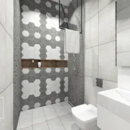 Wizualizacja nowoczesnej łazienki z heksagonalnymi płytkami w odcieniach szarości i bieli. Minimalistyczna armatura, drewniana półka w ścianie, kabina prysznicowa typu walk-in.