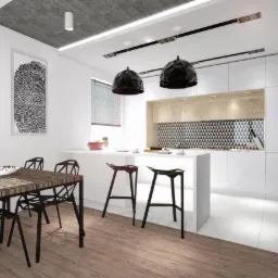 Nowoczesna kuchnia z wyspą i drewnianym stołem. Czarne, geometryczne lampy wiszące. Na ścianie grafika z odciskiem palca. Minimalistyczny design, jasne kolory.