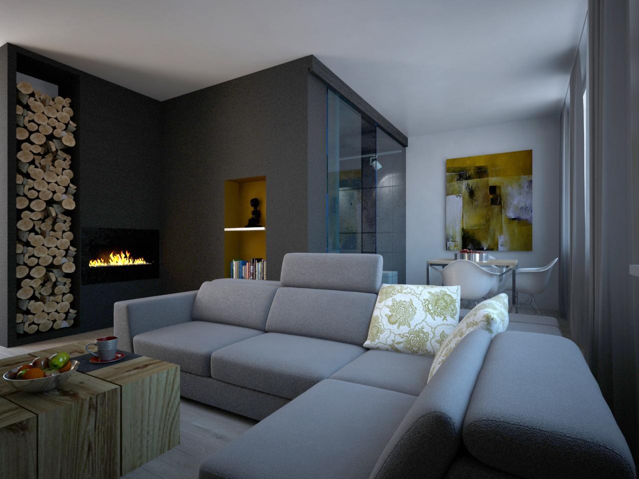 Nowoczesny salon w Poznaniu z szarą sofą narożną, kominkiem z płomieniami, ścianą z dekoracyjnym drewnem, abstrakcyjnym obrazem i drewnianym stolikiem kawowym z owocami.