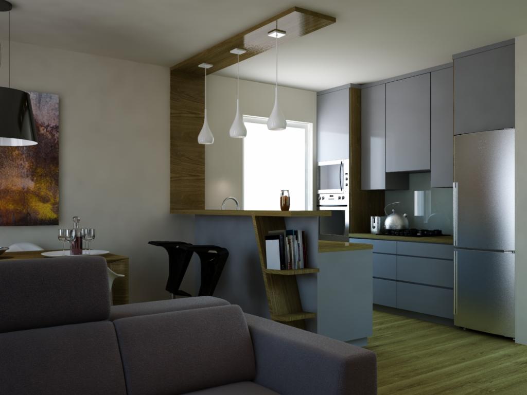 Nowoczesna kuchnia z szarymi szafkami, drewnianym blatem i barkiem z półkami na książki, widok z perspektywy salonu z szarą sofą, wiszące lampy nad barkiem.