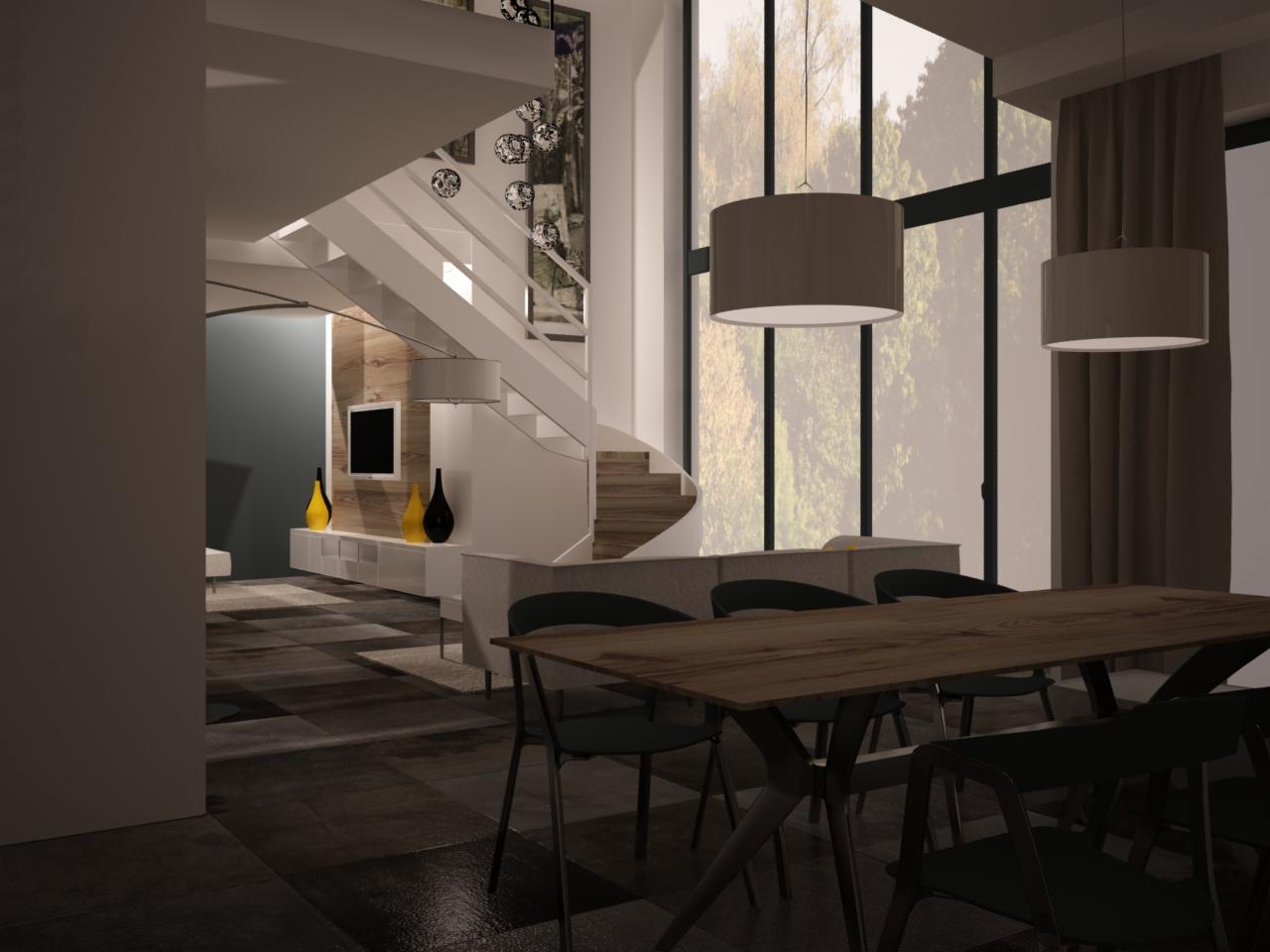 Wizualizacja wnętrza domu z drewnianym stołem, krzesłami, schodami z dekoracjami, telewizorem i wysokim oknem z widokiem na drzewa.