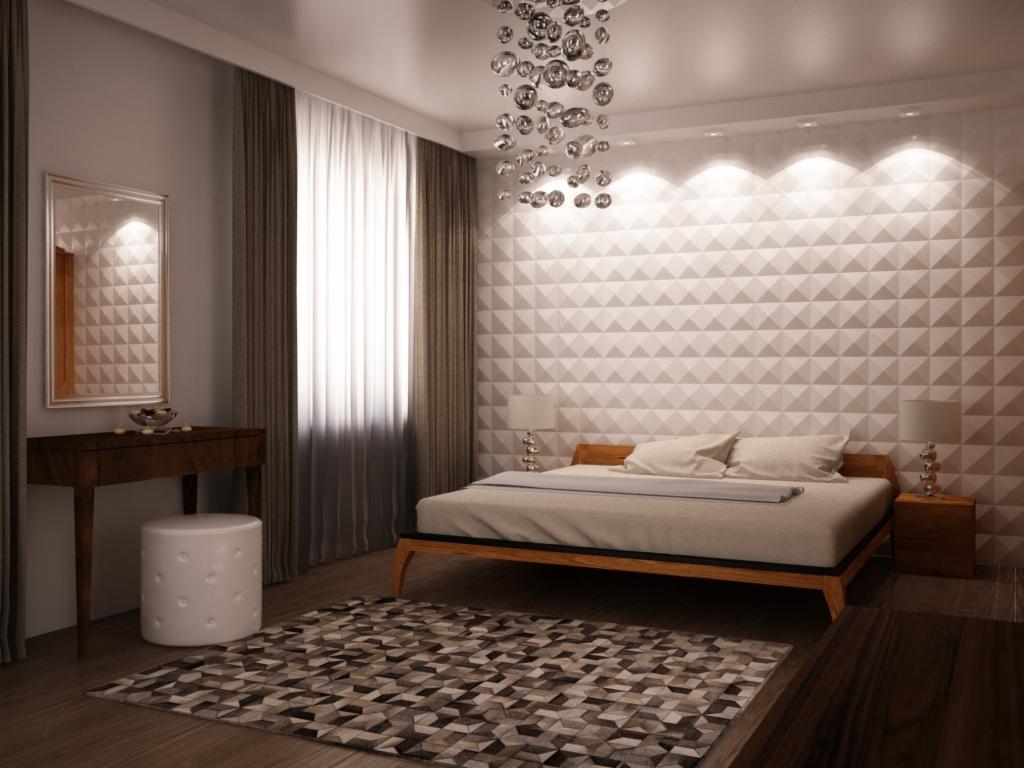 Nowoczesna sypialnia z trójwymiarową ścianą, drewnianym łóżkiem, designerską lampą sufitową i geometrycznym dywanem.