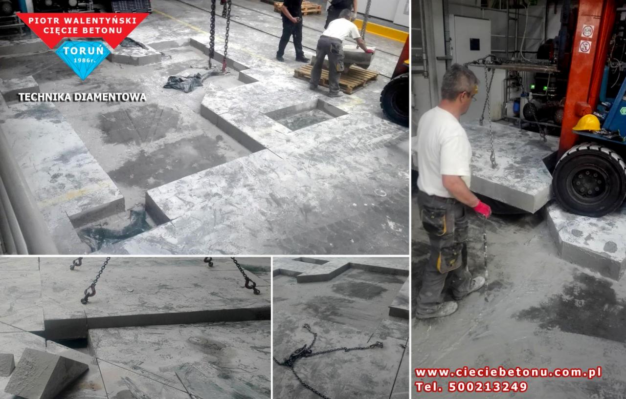Cięcie betonu w Toruniu techniką diamentową: fragmenty wyciętej posadzki podnoszone łańcuchami przez pracowników. Widoczne ślady po cięciu i logo firmy.