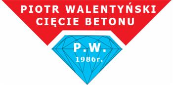 Logo firmy 'Piotr Walentyński Cięcie Betonu' z 1986 roku. Czerwony trójkąt i niebieski diament z inicjałami P.W. na białym tle.