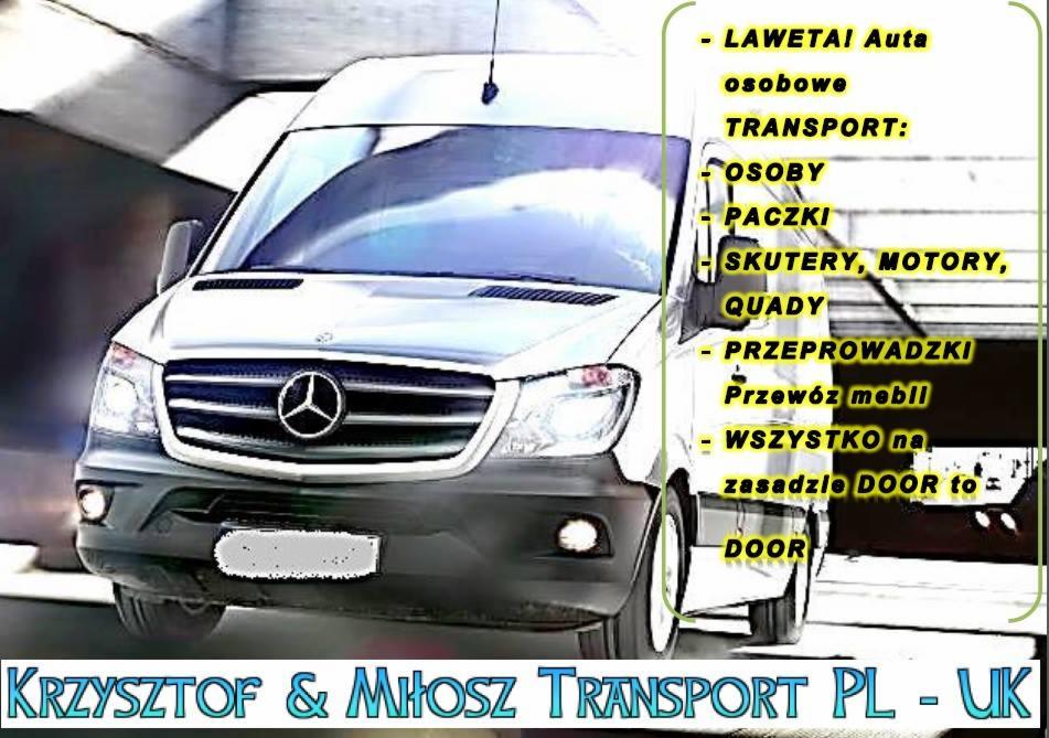 Biały bus Mercedes-Benz z napisem 'TRANSPORT' i ofertą przewozu osób, paczek, skuterów oraz przeprowadzek na trasie Polska-UK.