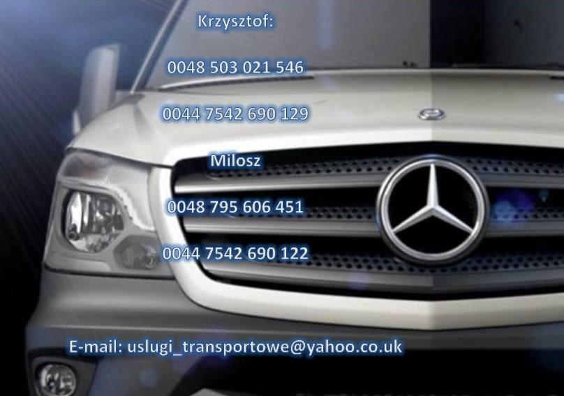 Przód białego busa Mercedes z widoczną atrapą chłodnicy i logo. Na zdjęciu numery telefonów i adres e-mail kontaktowe do firmy transportowej.