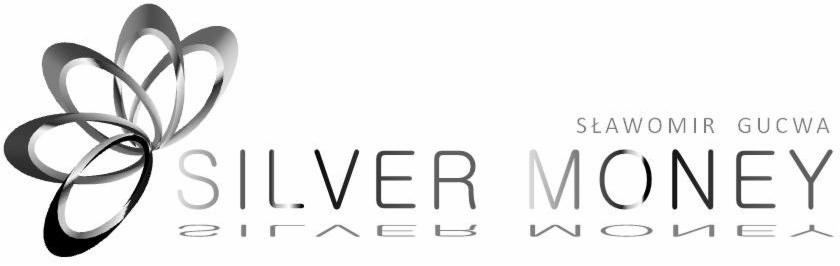Logo firmy 'Silver Money' Sławomir Gucwa z abstrakcyjnym symbolem kwiatu z metalicznych okręgów i odbiciem lustrzanym nazwy poniżej.