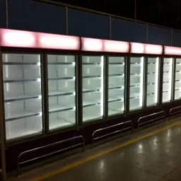 Rząd chłodziarek sklepowych z przeszklonymi drzwiami i oświetleniem LED, widoczny w hali sklepu, z pustymi półkami, gotowy do ekspozycji produktów.