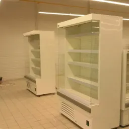 Białe, puste chłodziarki sklepowe z przeszklonymi drzwiami i półkami, ustawione na kafelkowanej podłodze w jasnym pomieszczeniu. Widoczne elementy instalacji chłodniczej.