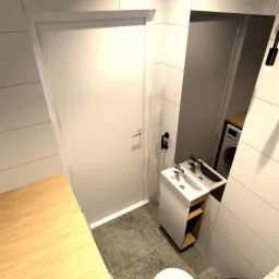 Wizualizacja małej łazienki z umywalką nablatową, pralką ukrytą za lustrem i drewnianym blatem, utrzymana w jasnej kolorystyce z akcentami czerni.