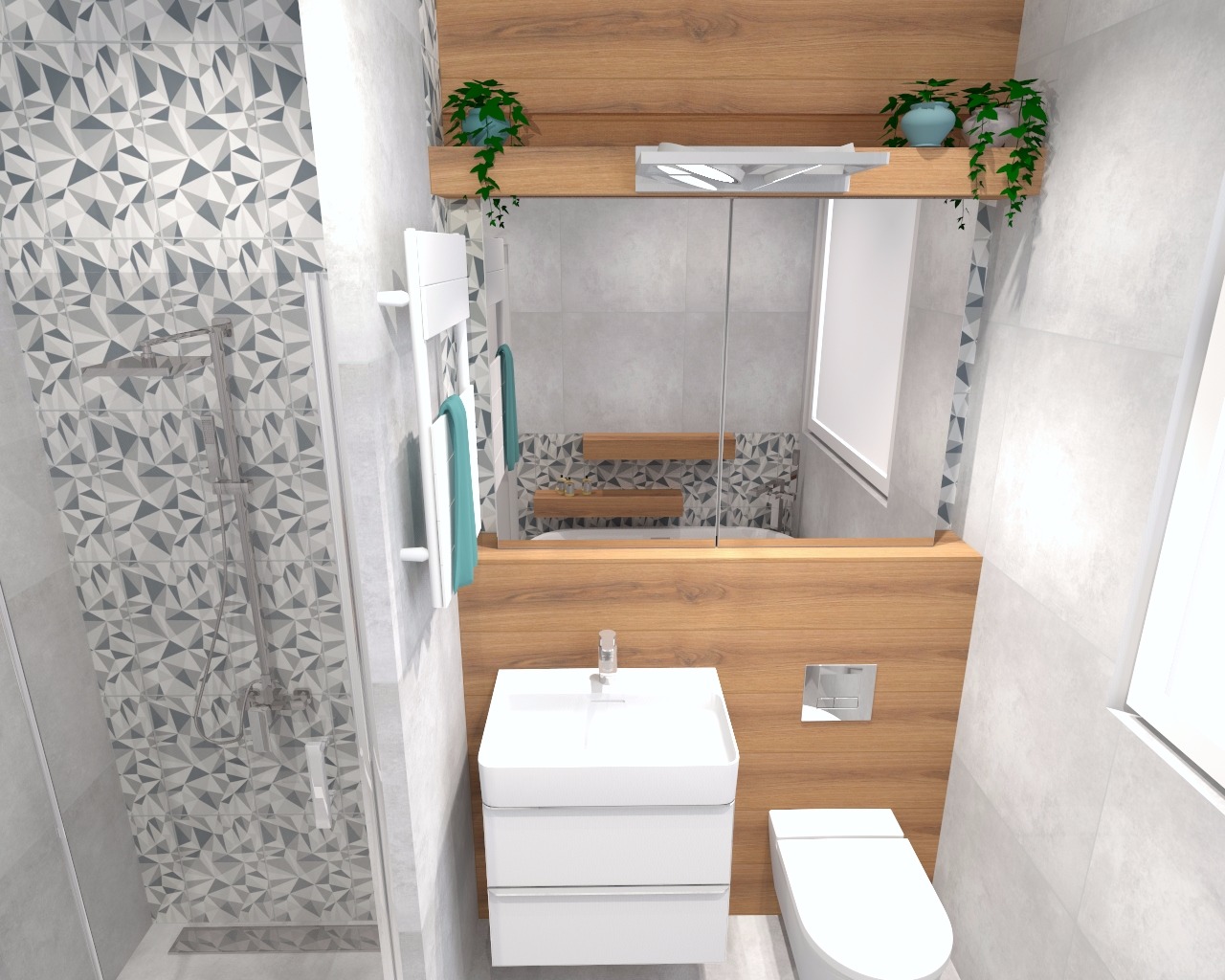 Wizualizacja nowoczesnej łazienki z kabiną prysznicową z geometrycznymi płytkami, umywalką nablatową, toaletą i lustrem z drewnianą obudową oraz roślinami doniczkowymi.