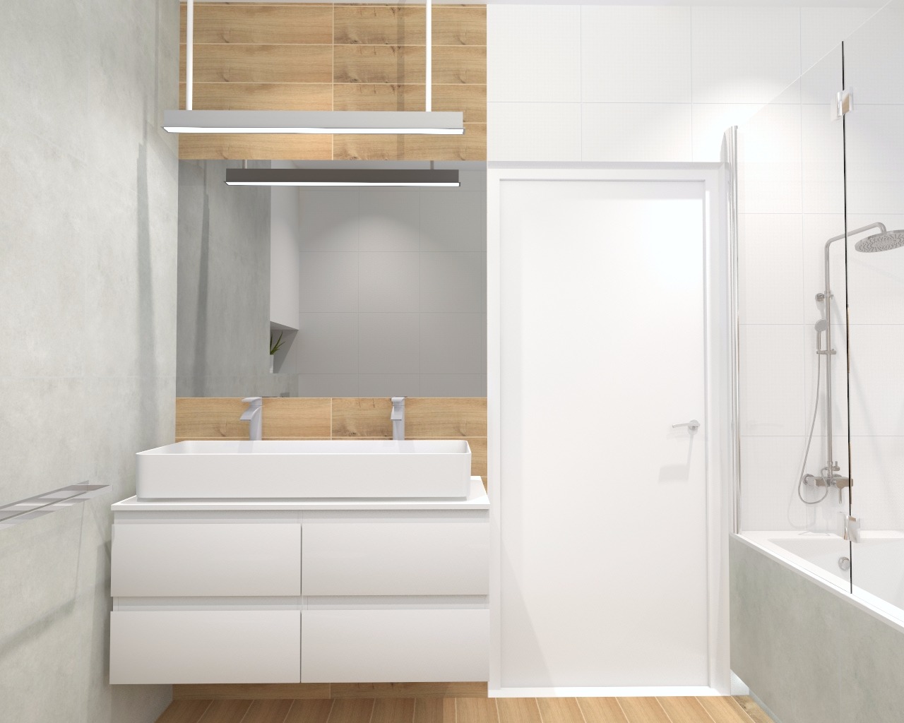 Nowoczesna łazienka z białą szafką pod umywalkę, prostokątną umywalką, dużym lustrem z oświetleniem LED, drewnopodobnymi płytkami nad umywalką i białymi płytkami na ścianach, oraz kabiną...