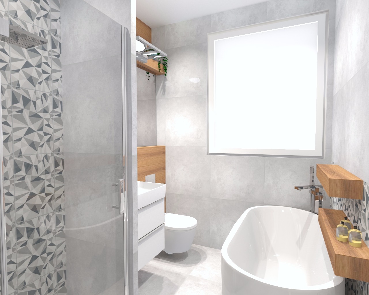 Wizualizacja nowoczesnej łazienki z kabiną prysznicową z geometrycznym wzorem na ścianie, wolnostojącą białą wanną, umywalką z szafką i drewnianymi półkami, oświetloną lampą nad toaletą i roślinami.