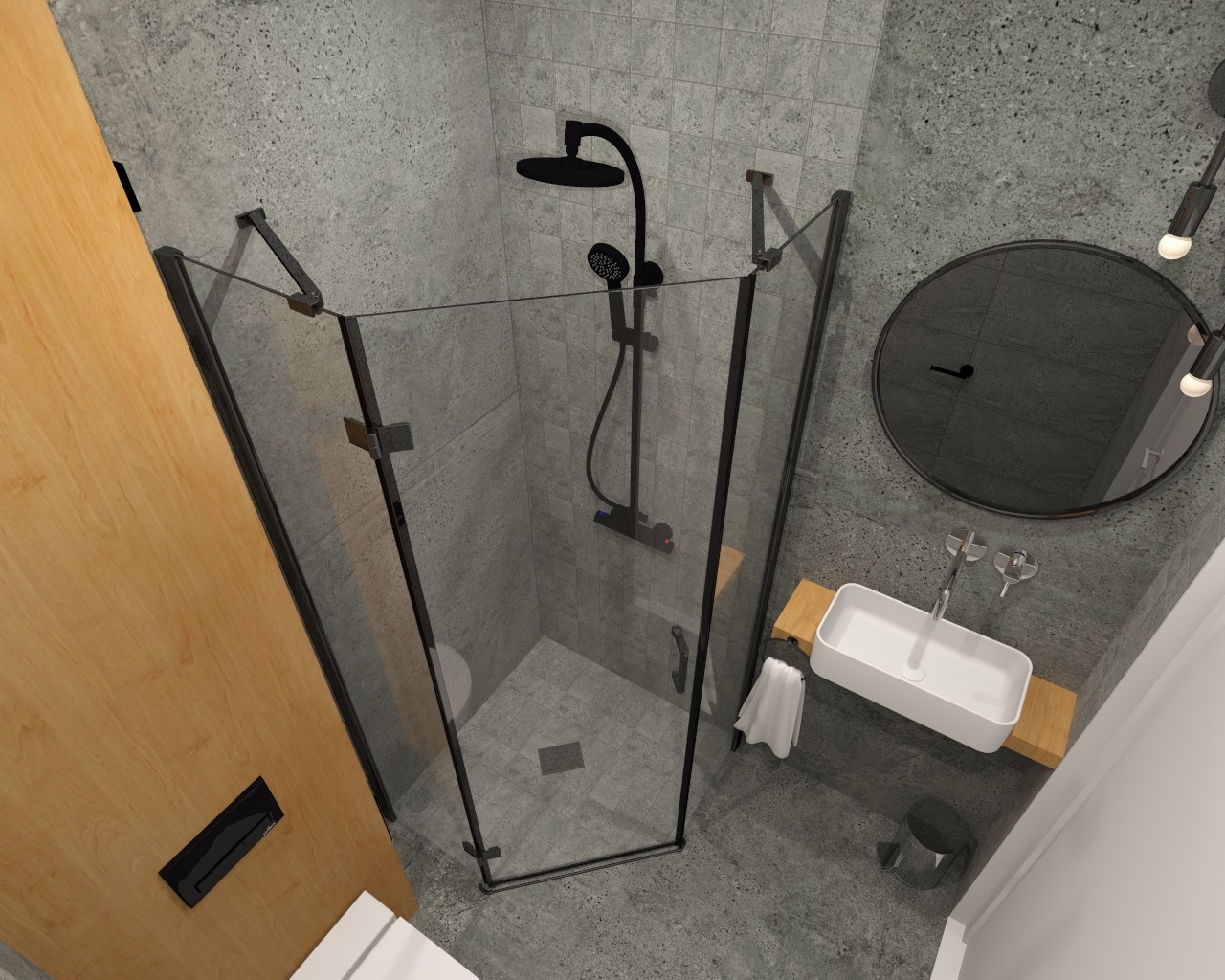Wizualizacja łazienki z kabiną prysznicową walk-in, umywalką nablatową na drewnianym blacie, okrągłym lustrem i szarą mozaiką na ścianach.