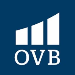 Logo firmy OVB na ciemnoniebieskim tle, przedstawiające trzy rosnące słupki w kolorze białym, symbolizujące wzrost i rozwój.