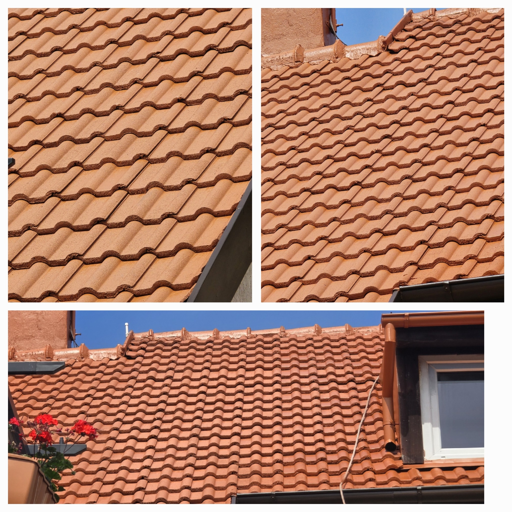 Nowa, pomarańczowa dachówka ceramiczna na dachu we Wrocławiu, widok z bliska w trzech kadrach, z fragmentem okna dachowego i kwiatami w doniczce.