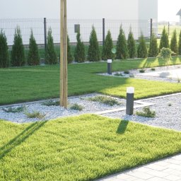 PS-OGRODY - Nowoczesny ogród z równo przystrzyżonym trawnikiem, białymi kamieniami, niskimi lampami ogrodowymi i rzędem tuj wzdłuż ogrodzenia.