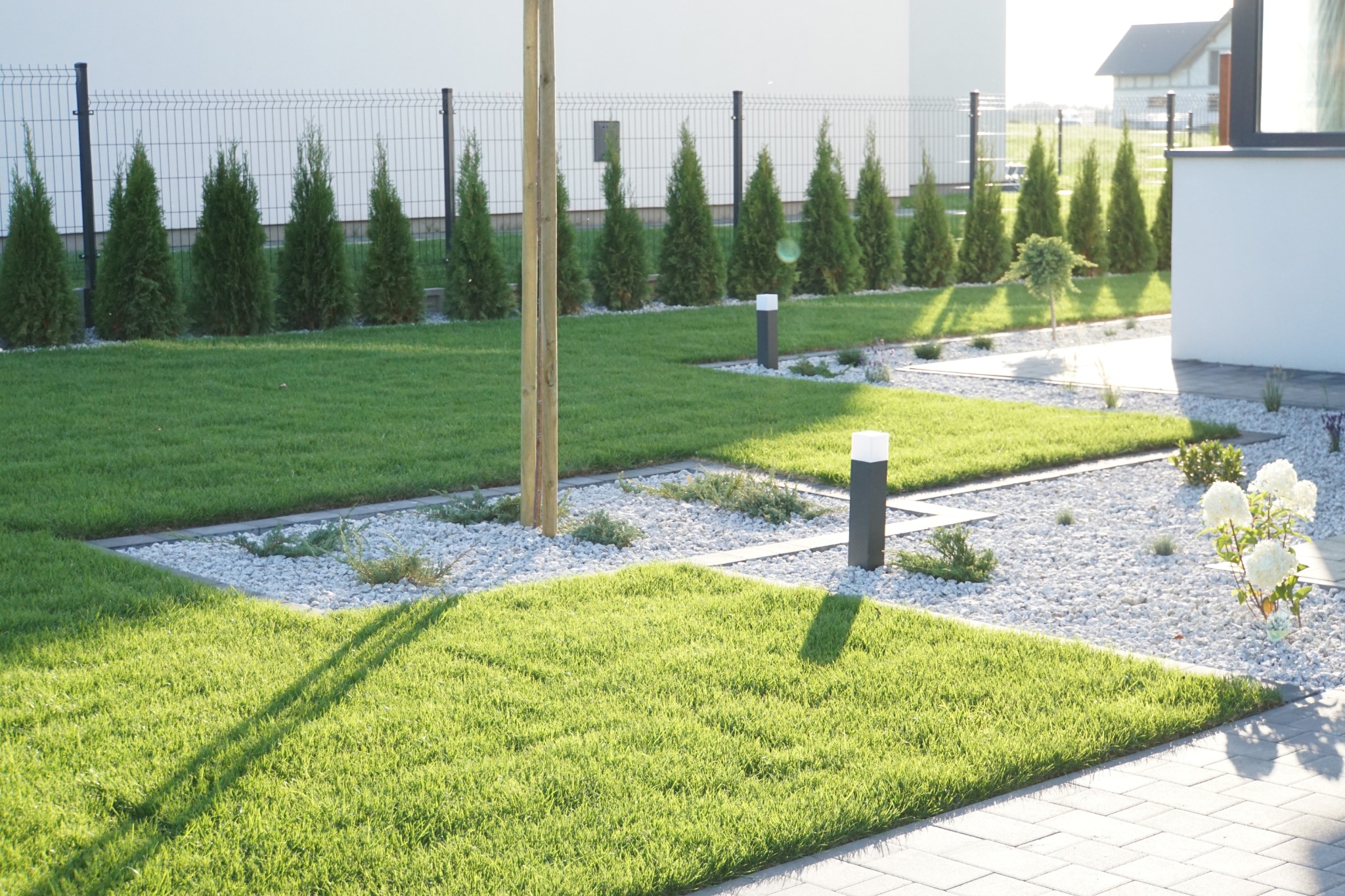 Nowoczesny ogród z równo przystrzyżonym trawnikiem, białymi kamieniami, niskimi lampami ogrodowymi i rzędem tuj wzdłuż ogrodzenia.